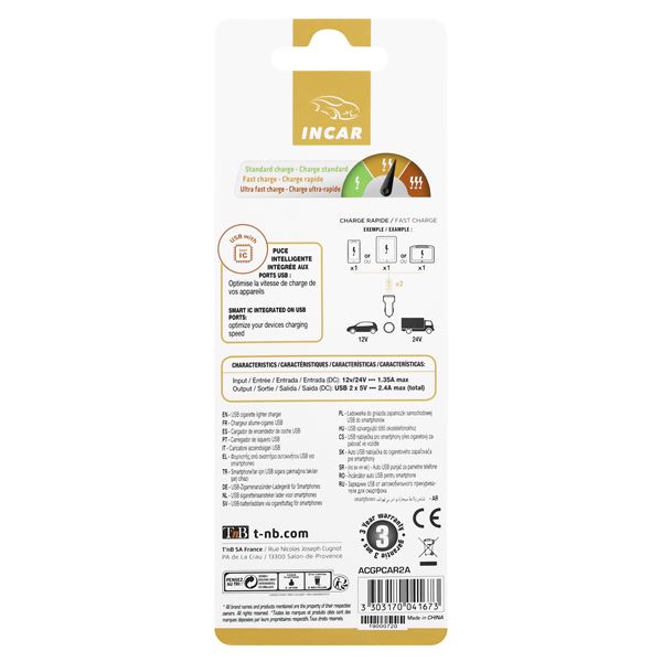 Chargeur allume-cigare 2 entrées USB 2,4A T'nB