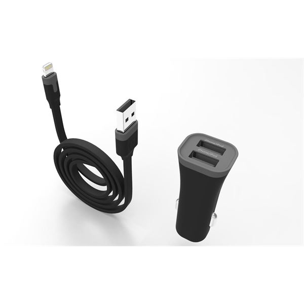 Pack chargeur allume cigare 2 entrées USB + câble lightning Muvit