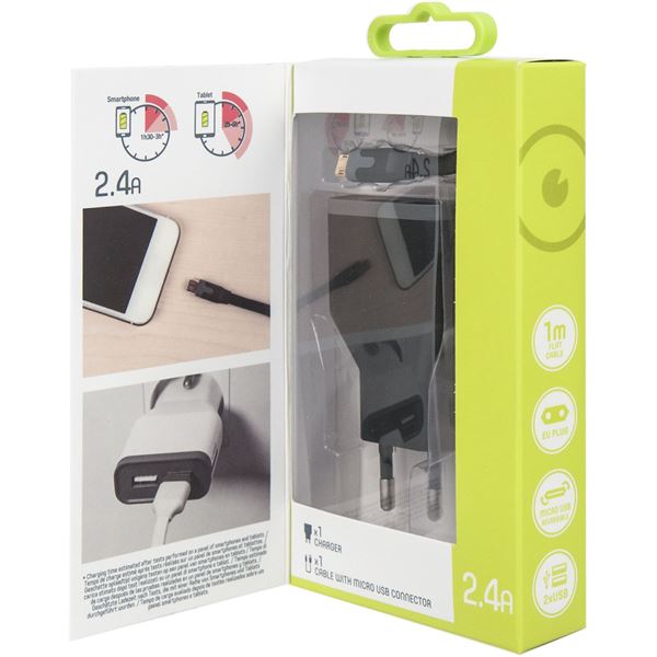 Pack Chargeur secteur 2 entrées 2,4A + câble micro-USB Muvit