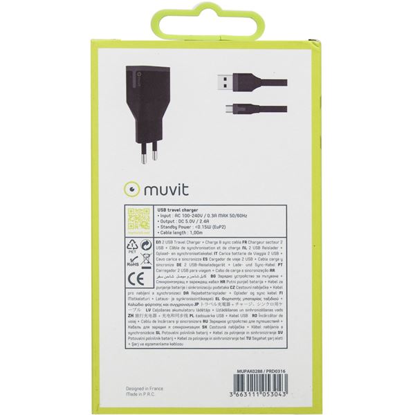 Pack Chargeur secteur 2 entrées 2,4A + câble micro-USB Muvit
