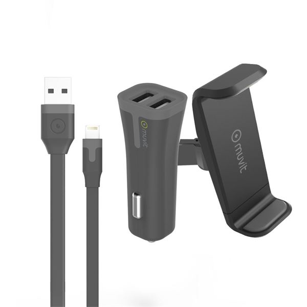 Pack support + chargeur allume cigare + câble lightning Muvit