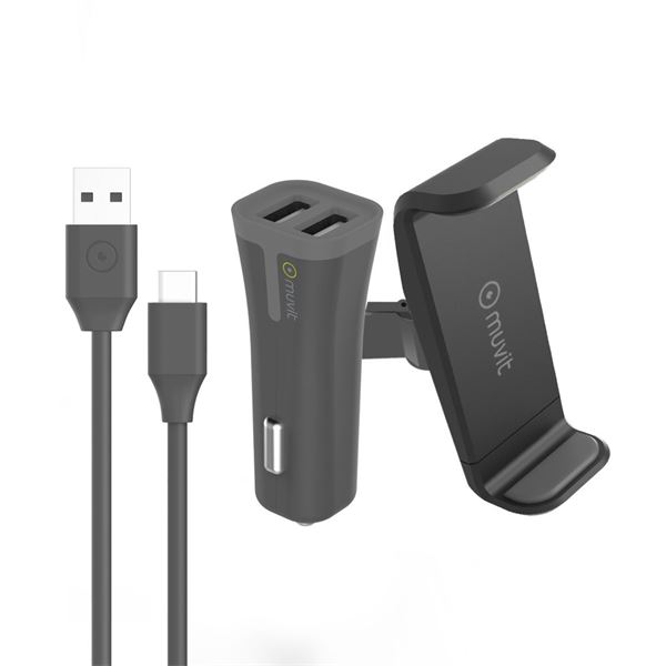 Pack support + chargeur allume cigare + câble USB-C Muvit