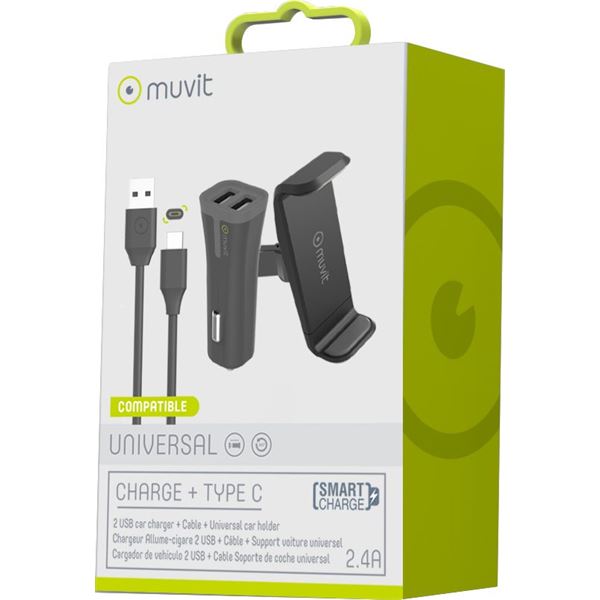 Pack support + chargeur allume cigare + câble USB-C Muvit