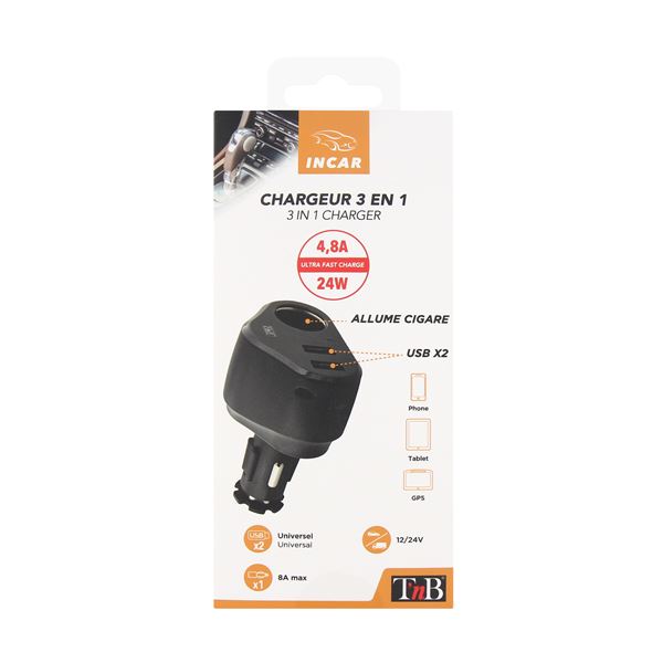 Chargeur allume-cigare 3 en 1  + 2 USB T'nB