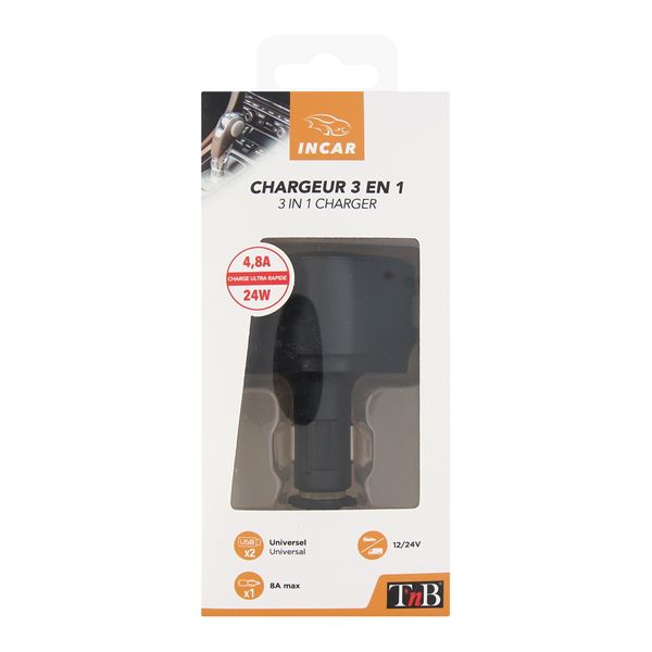 Chargeur allume-cigare 3 en 1  + 2 USB T'nB