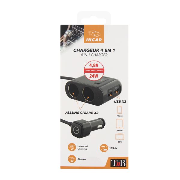 Chargeur double allume-cigare 4 en 1  + 2 USB T'nB