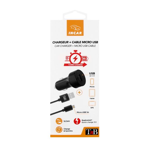 Chargeur Allume cigare QC3.0 + Câble Micro USB - Coloris Noir - T'nB