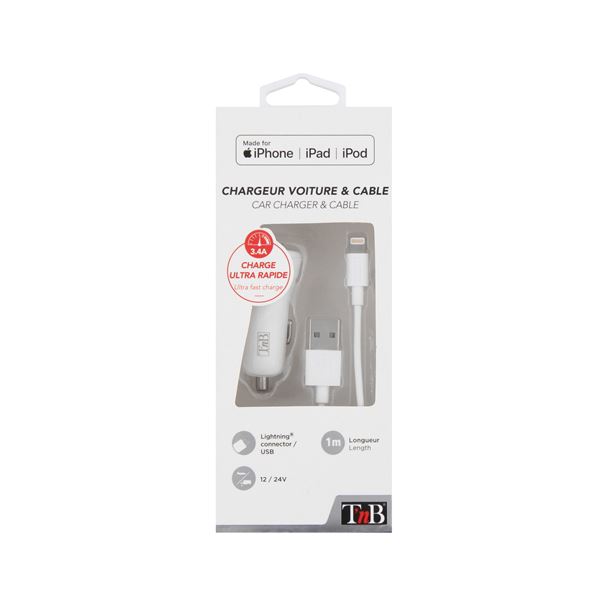 Chargeur voiture lightning 3.4A 2 USB + câble USB/Lightning 1m - coloris blanc - T'nB