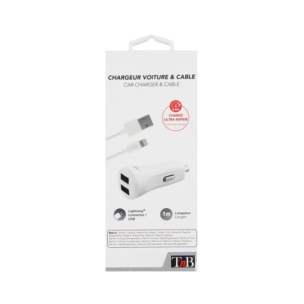 Chargeur voiture lightning 3.4A 2 USB + câble USB/Lightning 1m - coloris blanc - T'nB