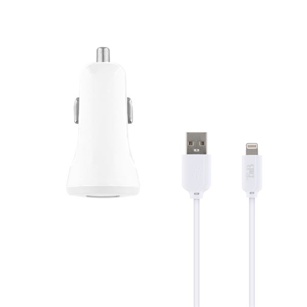 Chargeur voiture lightning 3.4A 2 USB + câble USB/Lightning 1m - coloris blanc - T'nB