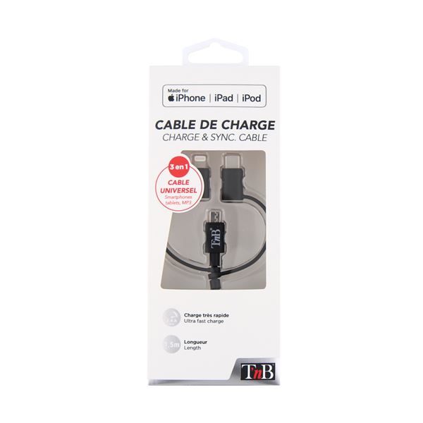 Câble 3 en 1 Micro USB + USB-C +MFI T'nB
