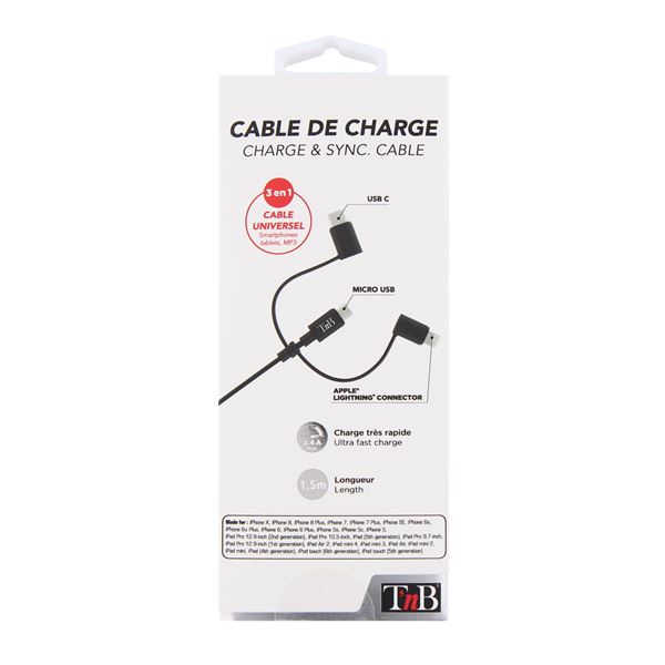 Câble 3 en 1 Micro USB + USB-C +MFI T'nB