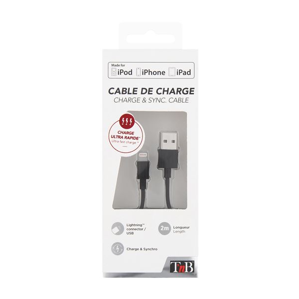 Câble USB/Lightning 2m - coloris noir - T'nb