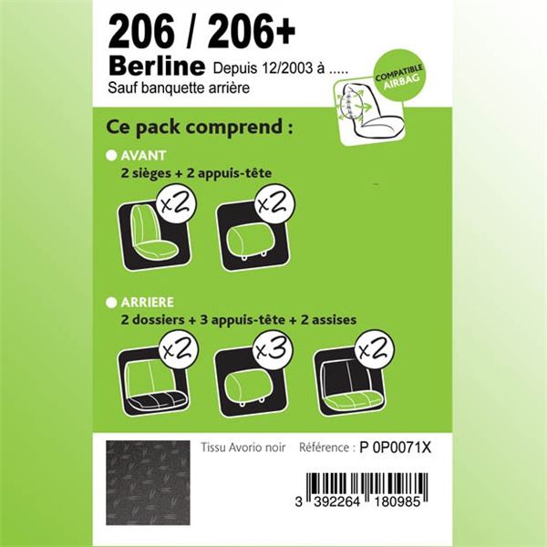 Housse de siège 206 / 206+ De 12/2003 à 01/2015 / Sauf CC