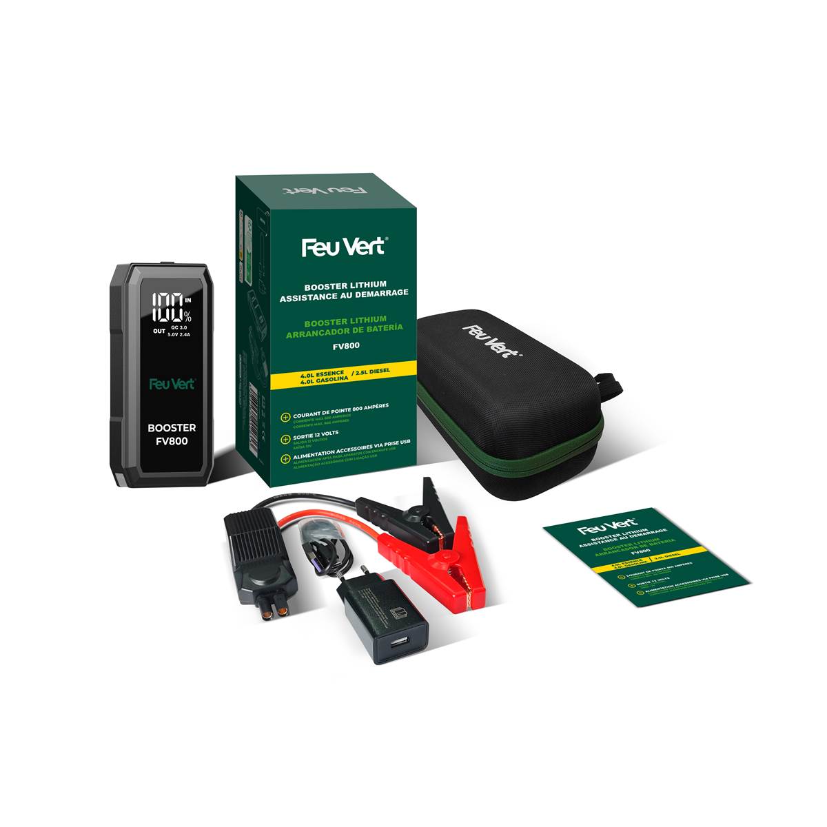 Booster De Démarrage Lithium Feu Vert Pour Moteur Essence Jusqu'à 4l/diesel Jusqu'à 2,5l