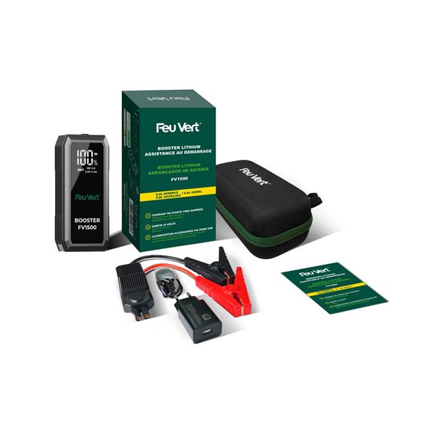 Booster de démarrage lithium Feu Vert pour moteur essence jusqu'à 5L/diesel jusqu'à 3L