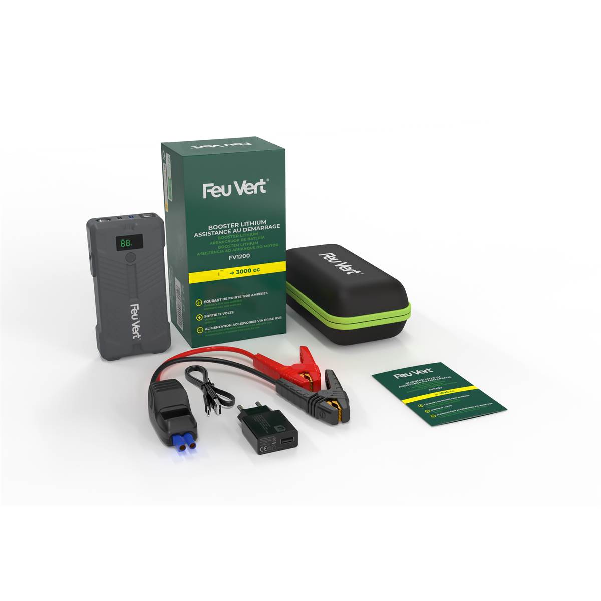Booster De Démarrage Lithium Feu Vert Pour Moteur Essence Jusqu'à 5l/diesel Jusqu'à 3l