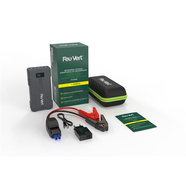 Booster de démarrage lithium Feu Vert pour moteur essence jusqu'à 5L/diesel jusqu'à 3L