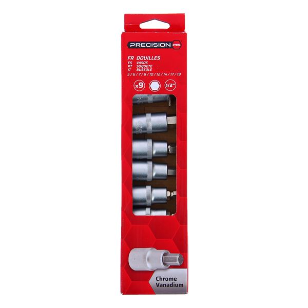 Jeu de 9 douilles hexagonales mâles 1/2 pouce PRECISION STEEL