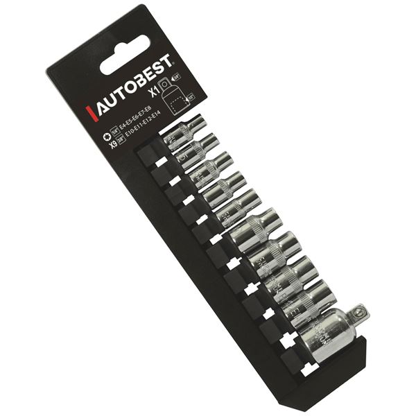 Jeu 9 douilles, torx, femelles, 1/4 3/8 et adaptateur 1/2 Autobest