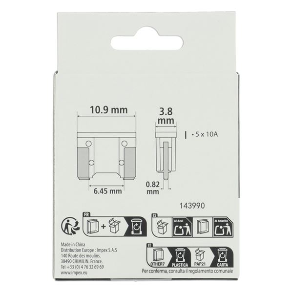 5 fusibles plats Mini LP 10 ampères XLTECH