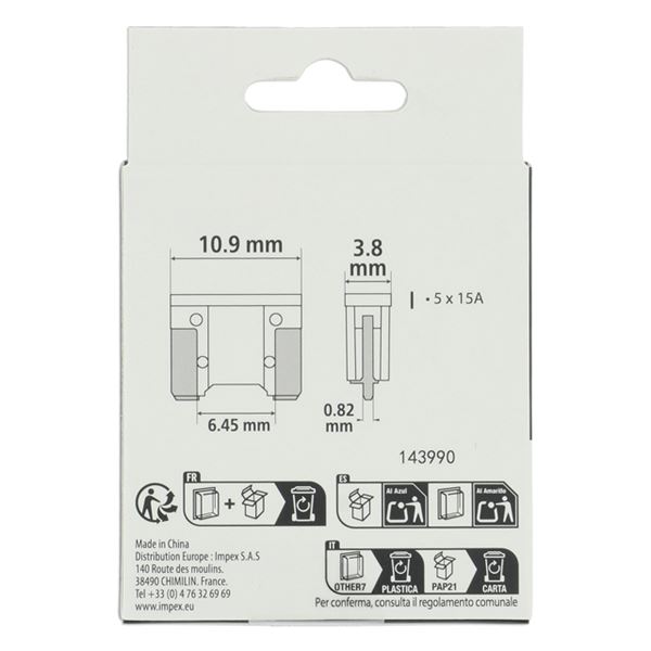 5 fusibles plats Mini LP 15 ampères XLTECH