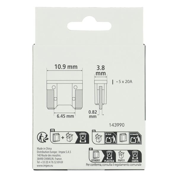 5 fusibles plats Mini LP 20 ampères XLTECH