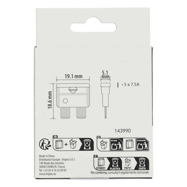 5 fusibles plats standards 7,5 ampères XLTECH
