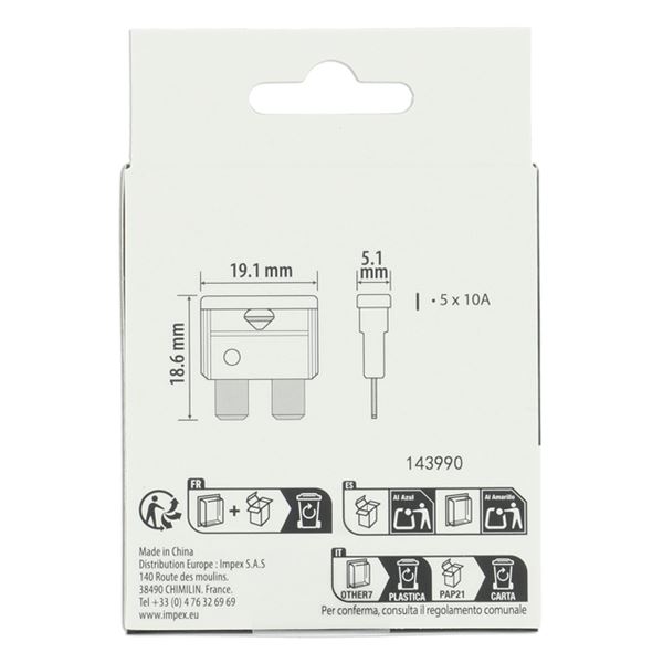 5 fusibles plats standards 10 ampères XLTECH