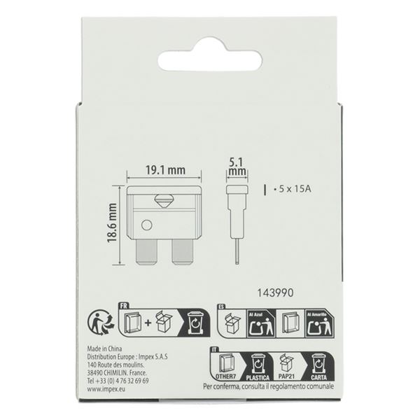 5 fusibles plats standards 15 ampères XLTECH