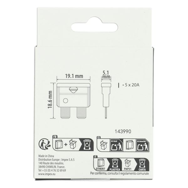5 fusibles plats standards 20 ampères XLTECH