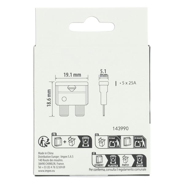 5 fusibles plats standards 25 ampères XLTECH