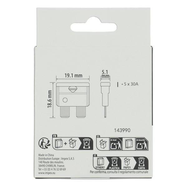 5 fusibles plats standards 30 ampères XLTECH