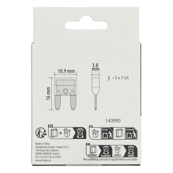 5 fusibles plats mini 7,5 ampères XLTECH