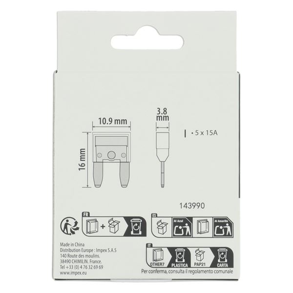 5 fusibles plats mini 15 ampères XLTECH