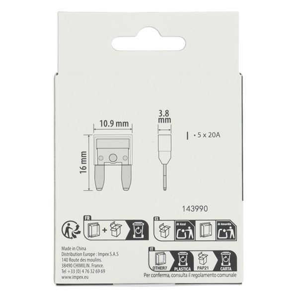 5 fusibles plats mini 20 ampères XLTECH