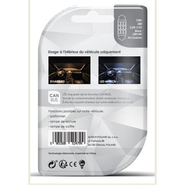 2 ampoules M-Tech LED 6000 K C5W 41mm