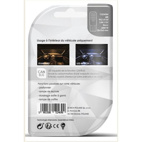 2 ampoules M-Tech LED 6000 K W5W/T10 - idéal coffre, boîte à gants