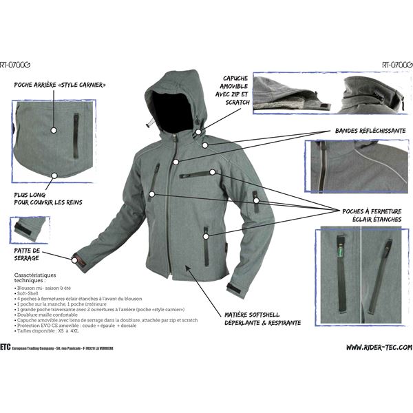 Veste moto softshell grise Rider-Tec Taille 3XL