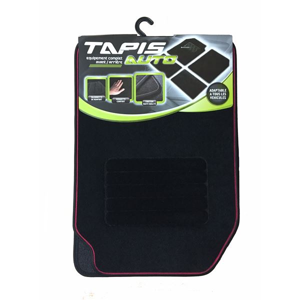 4 tapis de voiture moquette universels ganse bicolore rouge