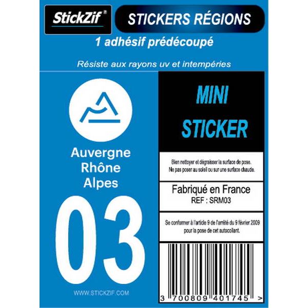 1 ADHÉSIF MOTO "RÉGION" DÉPARTEMENT 03 AUVERGNE-RHÔNE-ALPES