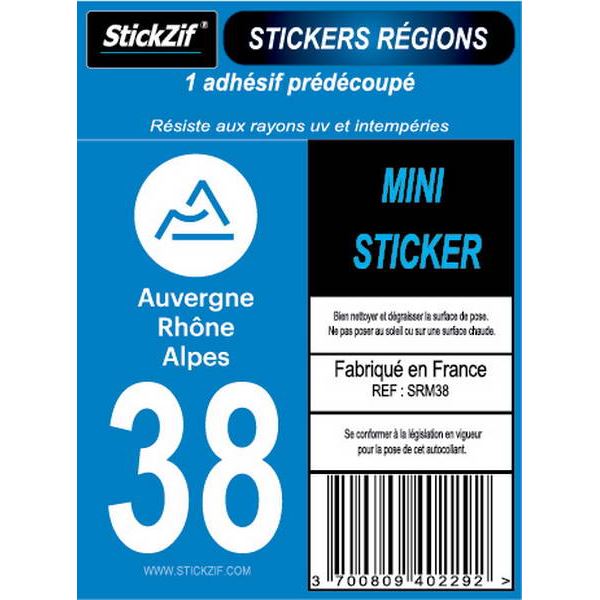 1 ADHÉSIF MOTO "RÉGION" DÉPARTEMENT 38 AUVERGNE-RHÔNE-ALPES