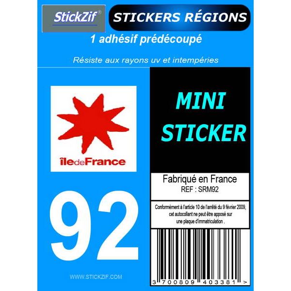 1 ADHÉSIF MOTO "RÉGION" DÉPARTEMENT 92 ÎLE-DE-FRANCE