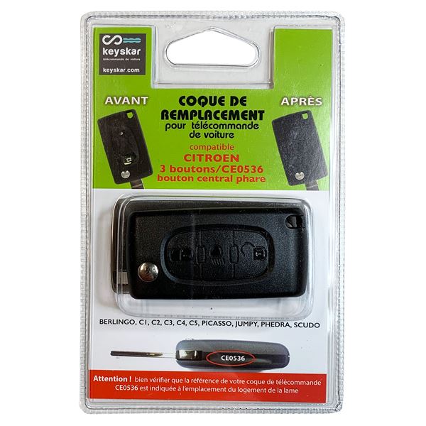 Coque de clé adaptable pour Citroën 3 boutons avec allumage des phares.