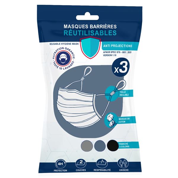 3 masques alternatifs tissu lavables & réutilisables - Coloris Noir / Gris / Bleu