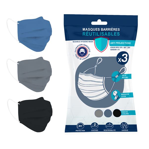 3 masques alternatifs tissu lavables & réutilisables - Coloris Noir / Gris / Bleu