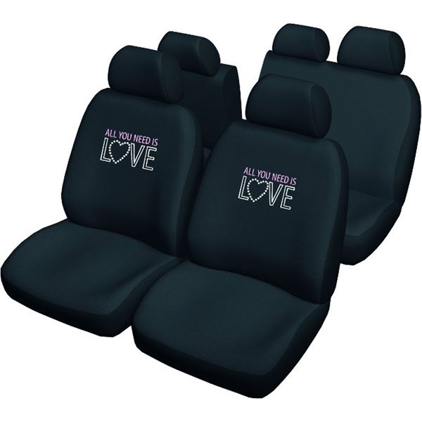 Housses de siège voiture universelles noires avec dessin All you need is love