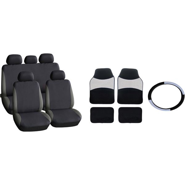 Pack tapis moquette 4 pièces + housse universelle + couvre volant GRIS
