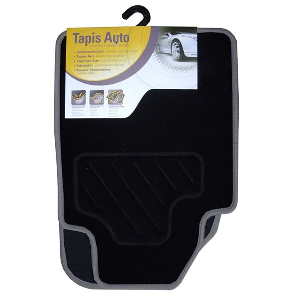 Tapis voiture universel moquette noir surjet gris