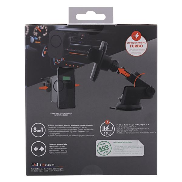 Support charge à induction 15W mâchoire ventouse et grille d'aération premium
